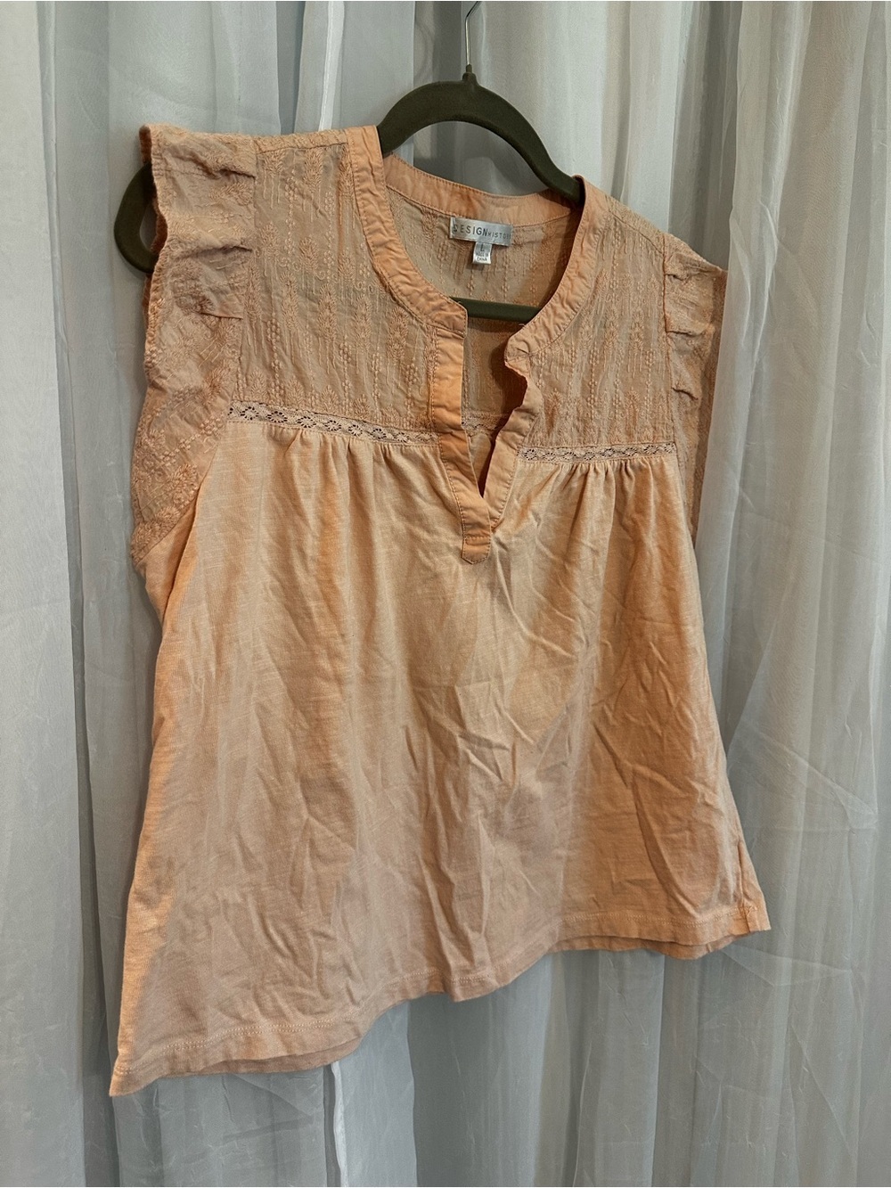 Design History Peach Embroidered Trim Flutter Sleeve Top